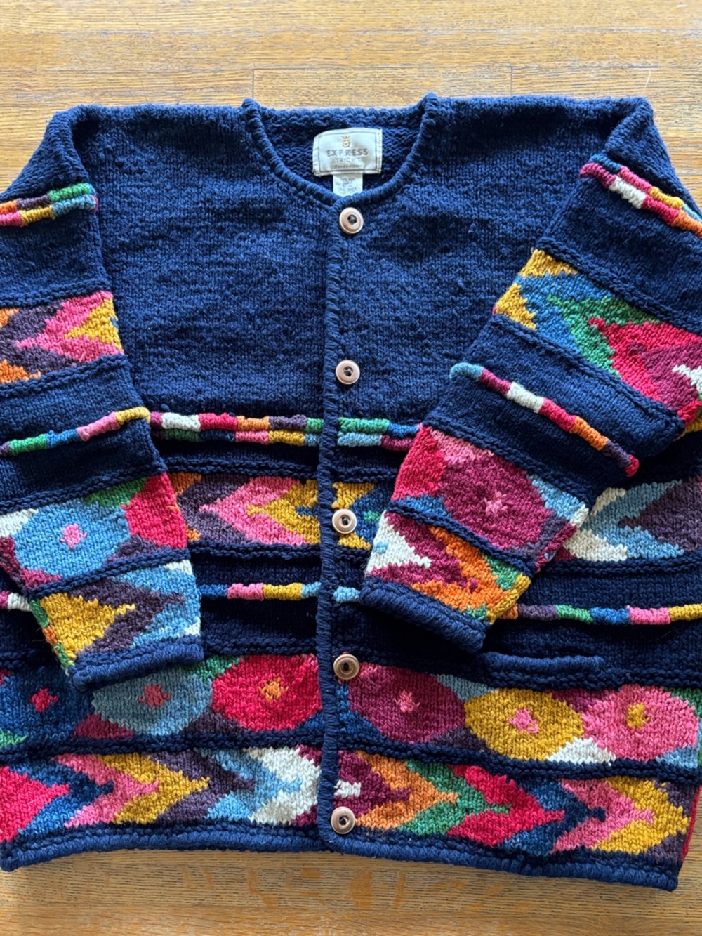 VTG Express Tricot HandKnit Wool Cardigan Sweater Chunky Colorful Geometric Boho - Picture 4 of 16